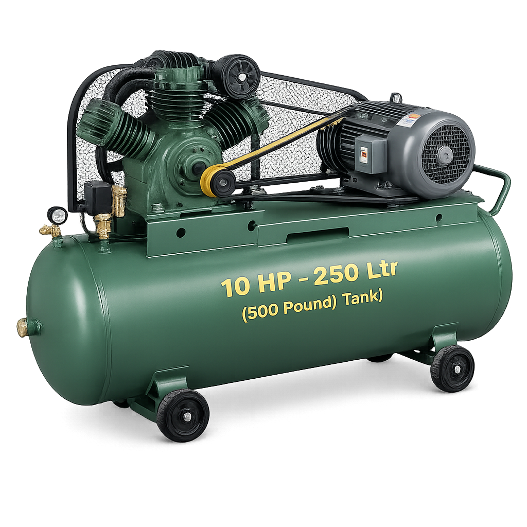 Reciprocating Portable Belt Drive Air Compressor 10 HP with Motor 250 Ltr (500 Pound) Tank