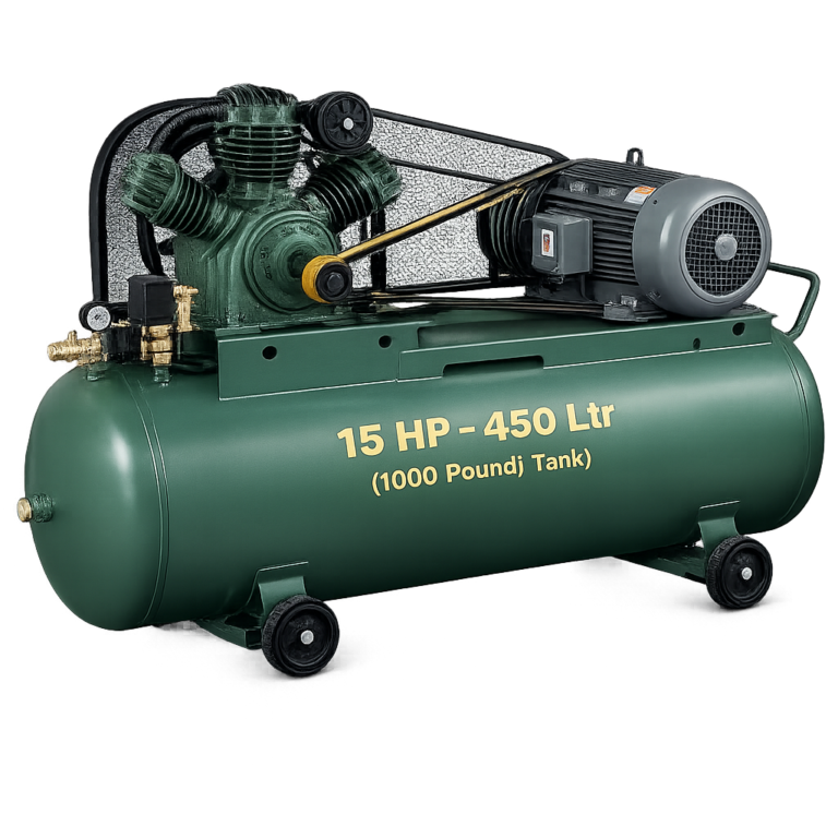 Reciprocating Portable Belt Drive Air Compressor 15 HP with Motor 450 Ltr (1000 Pound) Tank