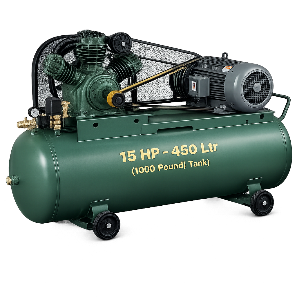 Reciprocating Portable Belt Drive Air Compressor 15 HP with Motor 450 Ltr (1000 Pound) Tank