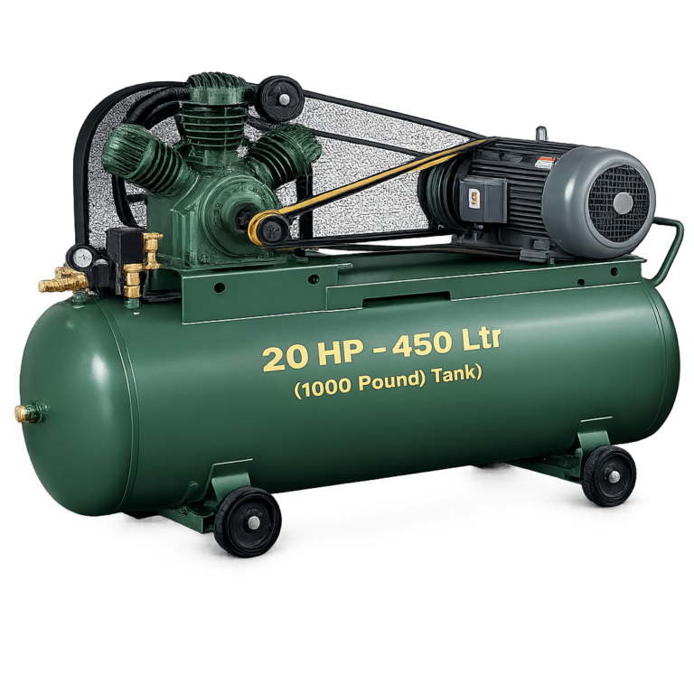 Reciprocating Portable Belt Drive Air Compressor 20 HP with Motor 450 Ltr (1000 Pound) Tank