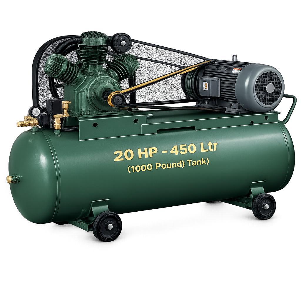 Reciprocating Portable Belt Drive Air Compressor 20 HP with Motor 450 Ltr (1000 Pound) Tank