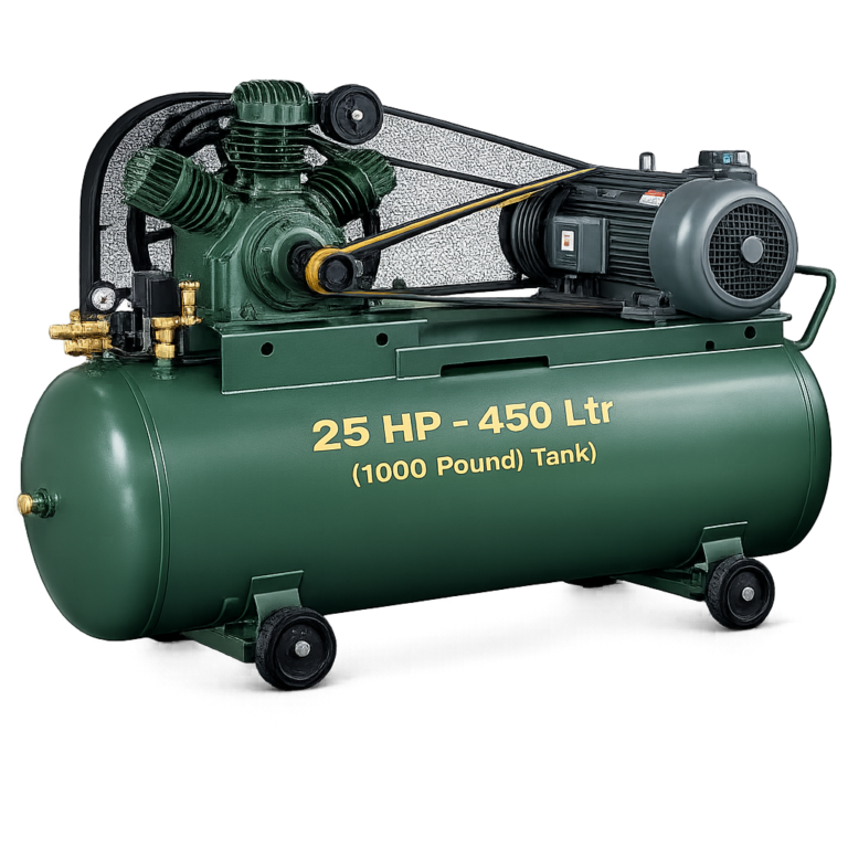 Reciprocating Portable Belt Drive Air Compressor 25 HP with Motor 450 Ltr (1000 Pound) Tank