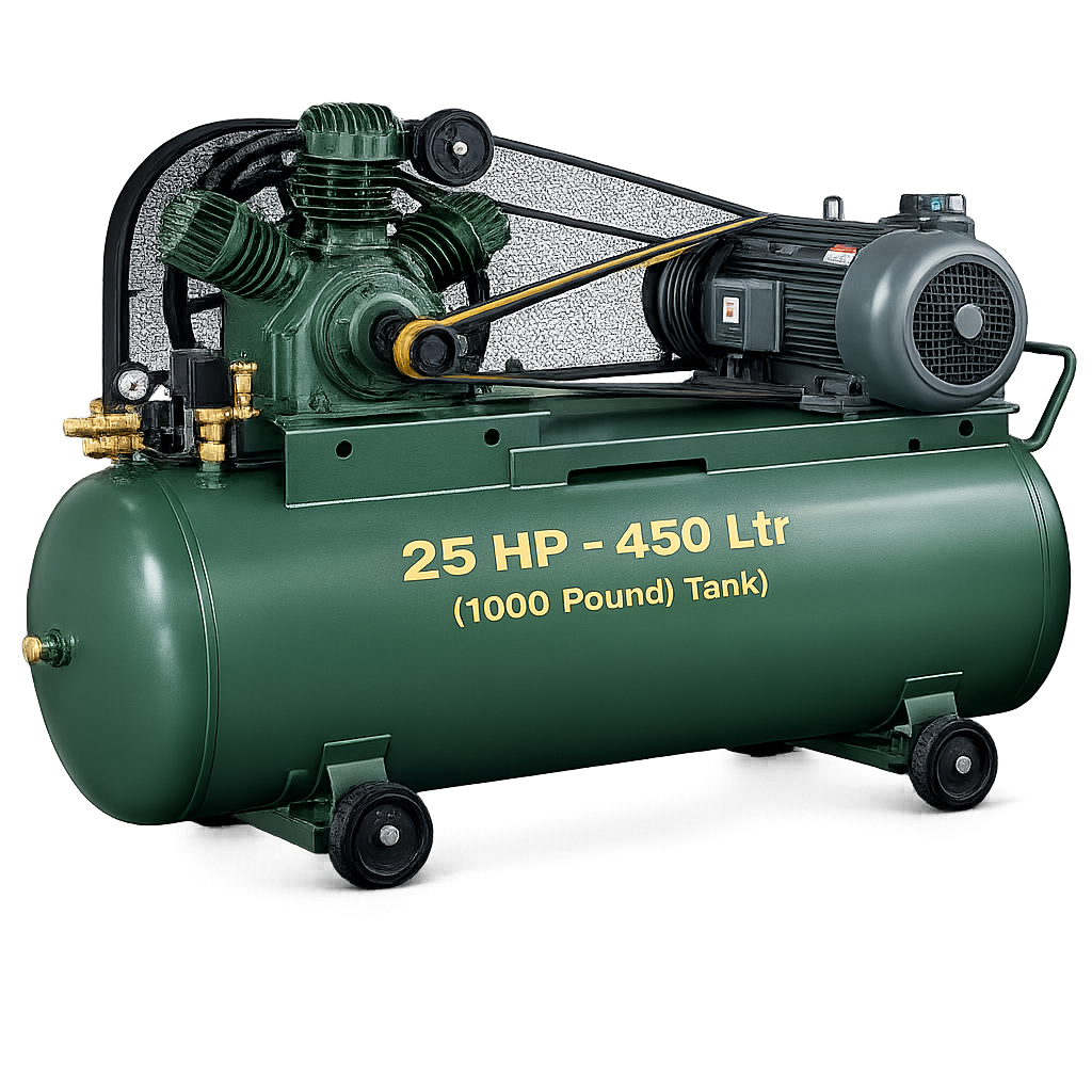 Reciprocating Portable Belt Drive Air Compressor 25 HP with Motor 450 Ltr (1000 Pound) Tank
