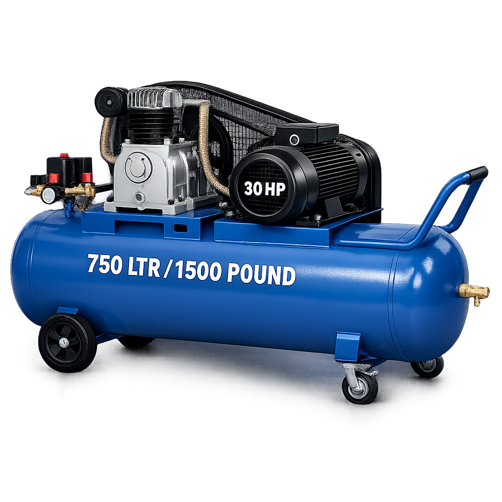 Reciprocating Portable Belt Drive Air Compressor 30 HP with Motor 750 Ltr (1500 Pound) Tank